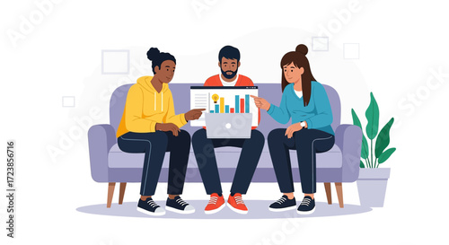 Diverse team collaborating on business data analytics at home sharing insights and ideas