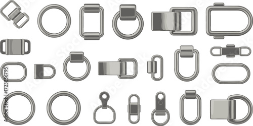 Metal rings hooks buckles clips connectors hardware set, fashion bag accessories, garment parts, industrial design elements, vector illustration template