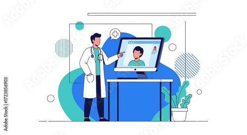 Doctor conducting online consultation with patient using video conference technology and modern