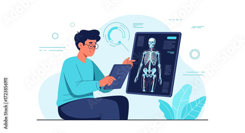 Doctor analyzing x-ray image of a human skeleton on tablet for medical diagnosis and treatment