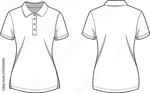 Women polo shirt front and back view, short sleeve collar t-shirt fashion template, blank apparel design, vector illustration clothing mockup
