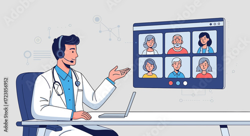 Doctor conducting online consultation with patients using telemedicine technology reaching remote