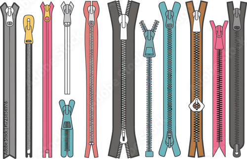 Zipper collection vector illustration with colorful designs, clothing accessory fastener, sewing material, textile fashion detail, garment closure element