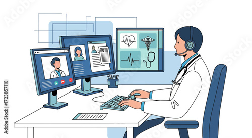 Doctor using telemedicine to consult with patients offering remote healthcare services
