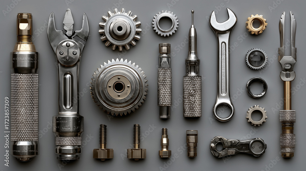 Fototapeta premium Mechanic tools and metal gears placed neatly on a solid neutral background, including wrenches, pliers, screwdrivers, and various steel cogwheels, sharp , iron background.