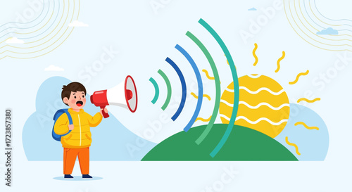 Enthusiastic schoolboy shouting into a megaphone with signal waves emanating towards the sun and