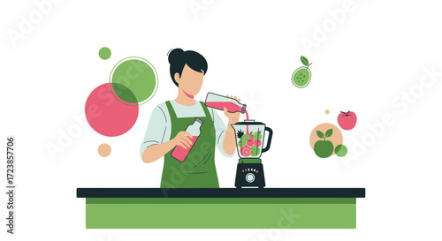 Flat vector illustration of a woman making a healthy smoothie using fresh ingredients at home