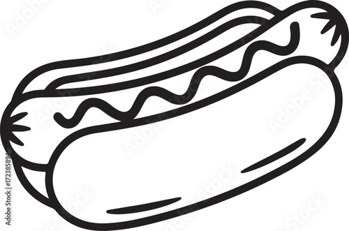 Simple line drawing of a hot dog with mustard in a bun