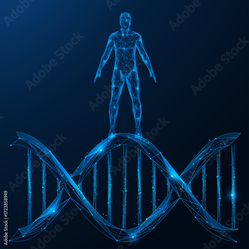 The genetic code of the future. A man standing on a large DNA spiral. The concept of human-genetics connection, technology, bioengineering and life science. Polygonal design, blue background.