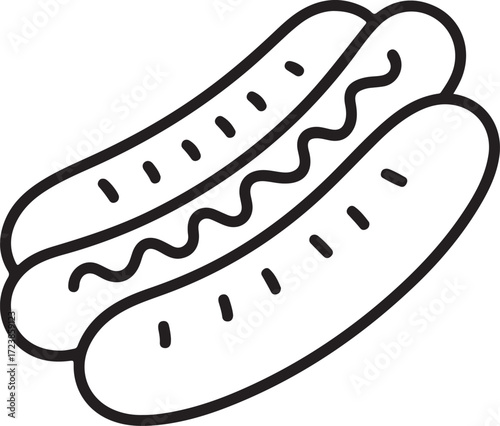 Simple outline drawing of two sausages in a hot dog bun with mustard