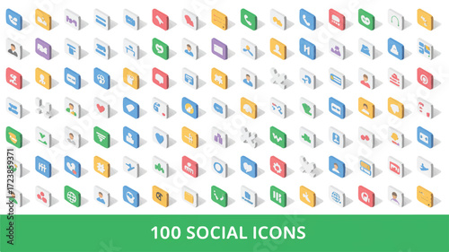 Collection of 100 Isometric Social Media and Communication Icons on White Background technology symbols