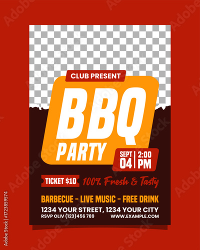 Poster or Flyer template design for BBQ Party. Red background with Yellow shapes. Suitable for invitations, social media post.
