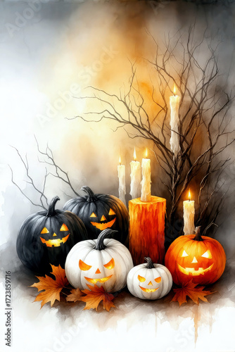 Group of carved Halloween pumpkins glowing with candlelight among dry branches and smoke. Spooky haunted holiday design.