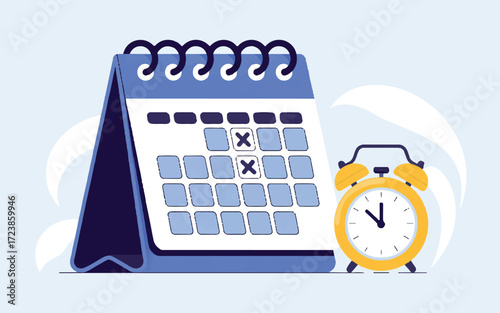 Desk Calendar with Marked Dates and an Alarm Clock on a Light Blue Background Keywords: calendar, desk calendar, table calendar, planning, scheduling, dates, marked, crossed