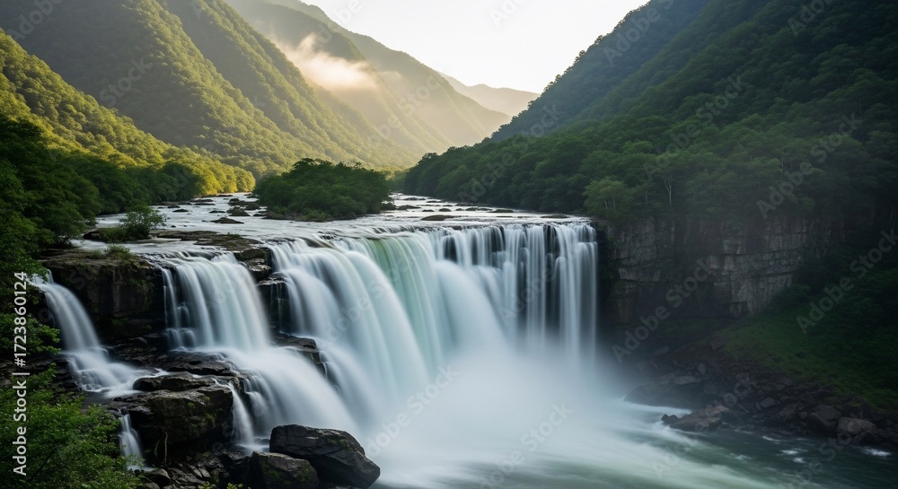 Fototapeta premium Majestic waterfall cascading down rocky cliffs in a lush green valley.