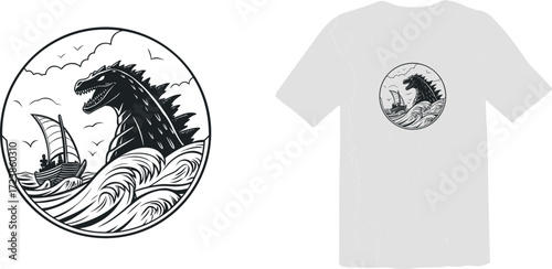 Vintage Sea Monster and Viking Ship T-Shirt Graphic