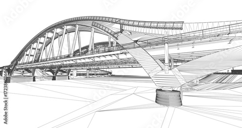 Wireframe rendering of an arched bridges structure over a river – 3D infrastructure model