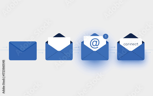 Email communication process with envelopes and icons showing connection message inbox