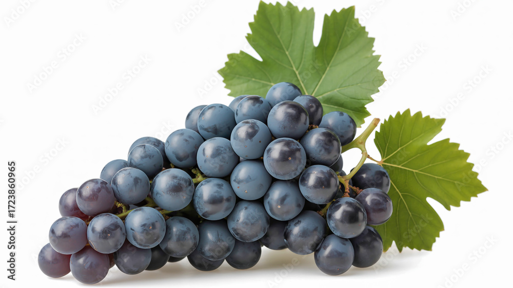 Naklejka premium Fresh dark grapes with green leaves isolated on healthy fruit