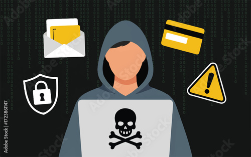 Hacker Character with Laptop Surrounded by Cyber Security Icons and Binary Code hacking computer