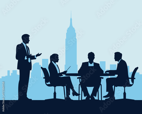 Silhouette of business team in meeting with presenter and city skyline backdrop, symbolizing corporate strategy, leadership, and collaboration 