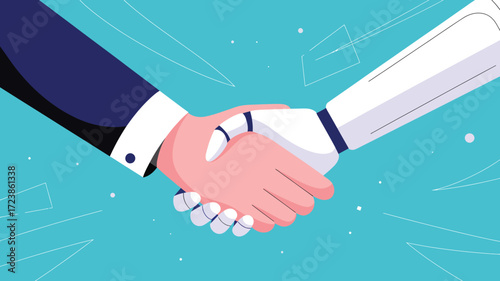  Futuristic handshake between human and robot symbolizing AI collaboration, business partnership, and technological integration
