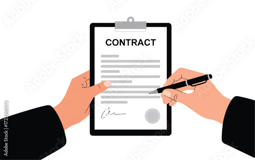 Hands signing a contract document on a clipboard with a pen and seal agreement legal