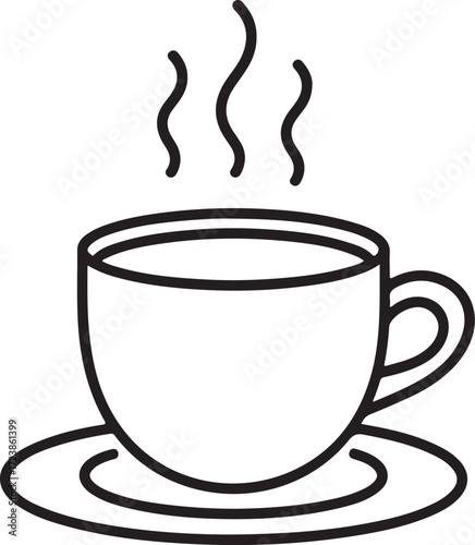 Simple hand drawn line art illustration of a steaming cup of coffee on a saucer
