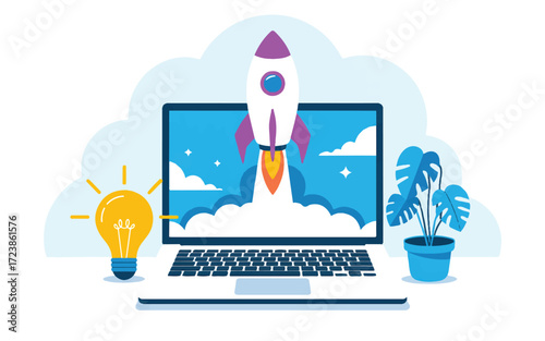 Laptop with a rocket launch on screen, lightbulb and potted plant on a white background computer spaceship