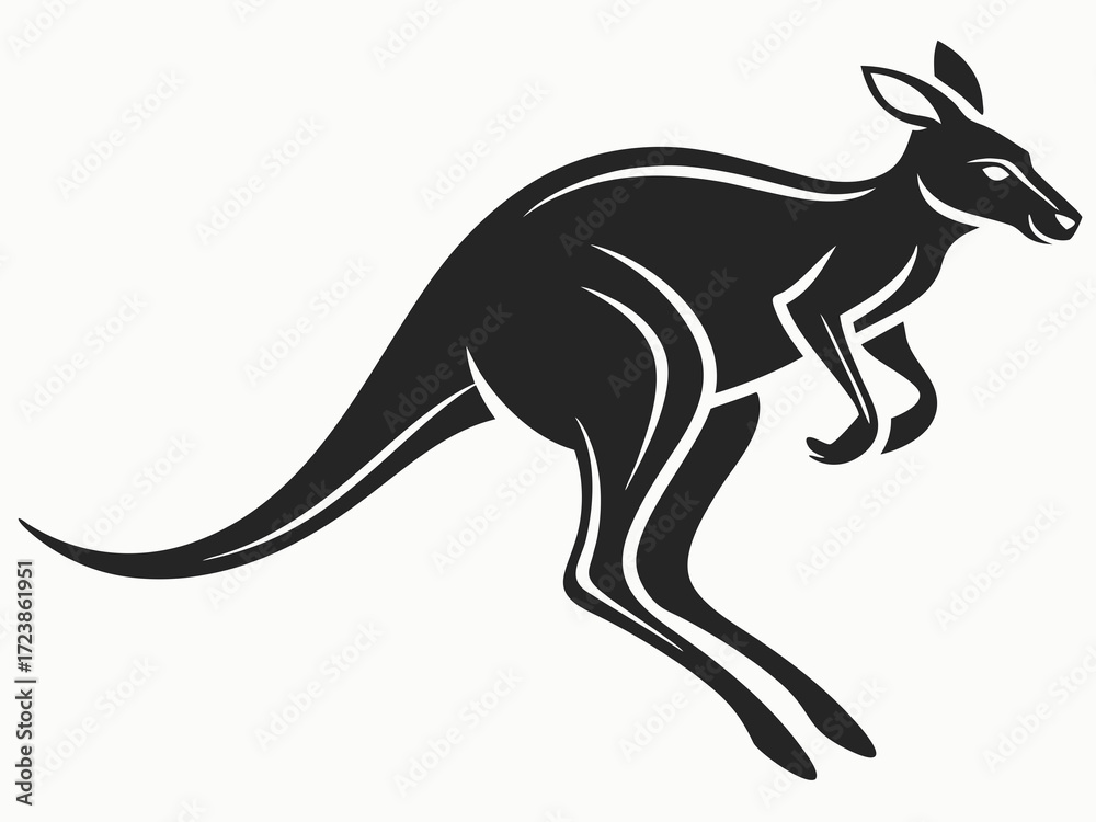 Fototapeta premium Silhouetted kangaroo logo design, leaping over stylized landscape. This stylized vector graphic features a kangaroo leaping across a stylized landscape, encircled by stars.