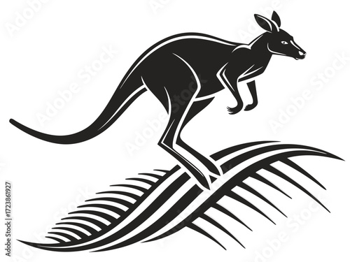 Silhouetted kangaroo logo design, leaping over stylized landscape. This stylized vector graphic features a kangaroo leaping across a stylized landscape, encircled by stars.