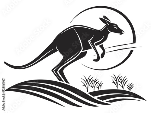 Silhouetted kangaroo logo design, leaping over stylized landscape. This stylized vector graphic features a kangaroo leaping across a stylized landscape, encircled by stars.