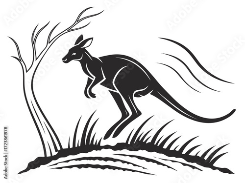 Silhouetted kangaroo logo design, leaping over stylized landscape. This stylized vector graphic features a kangaroo leaping across a stylized landscape, encircled by stars.