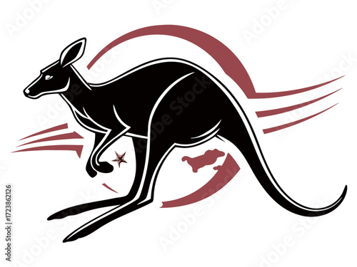 Silhouetted kangaroo logo design, leaping over stylized landscape. This stylized vector graphic features a kangaroo leaping across a stylized landscape, encircled by stars.