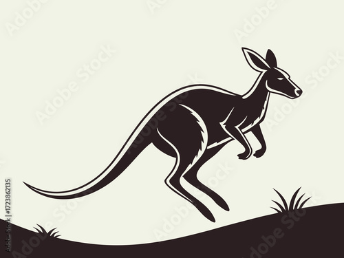 Silhouetted kangaroo logo design, leaping over stylized landscape. This stylized vector graphic features a kangaroo leaping across a stylized landscape, encircled by stars.