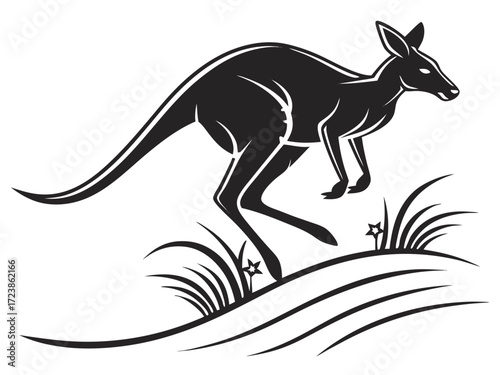 Silhouetted kangaroo logo design, leaping over stylized landscape. This stylized vector graphic features a kangaroo leaping across a stylized landscape, encircled by stars.