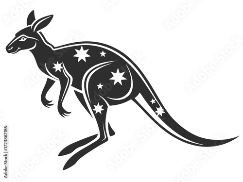 Silhouetted kangaroo logo design, leaping over stylized landscape. This stylized vector graphic features a kangaroo leaping across a stylized landscape, encircled by stars.