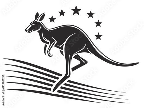 Silhouetted kangaroo logo design, leaping over stylized landscape. This stylized vector graphic features a kangaroo leaping across a stylized landscape, encircled by stars.