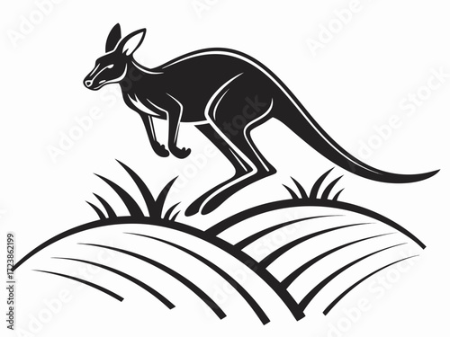 Silhouetted kangaroo logo design, leaping over stylized landscape. This stylized vector graphic features a kangaroo leaping across a stylized landscape, encircled by stars.