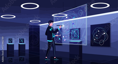 Futuristic interactive art exhibition showcasing augmented reality design interface vector