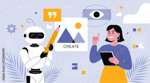  Humanoid robot and woman collaborating in digital workspace with “CREATE” graphic, symbolizing AI-driven creativity, design, and innovation