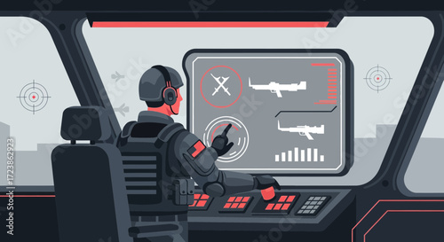 Futuristic military operation illustration depicts control room environment scenario