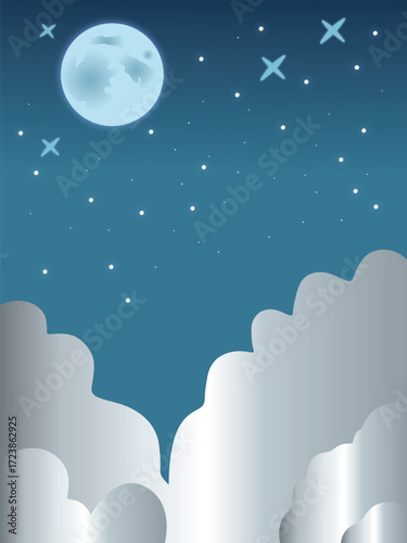 Moon and Stars in Silver Sky Background