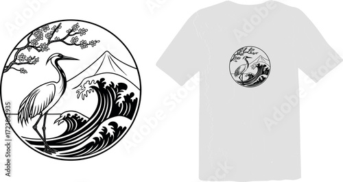 Traditional Japanese Crane and Mount Fuji T-Shirt Graphic