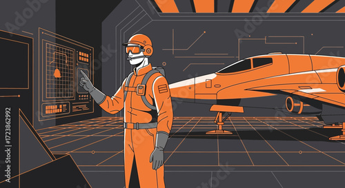Futuristic pilot in space station, preparing spaceship for interstellar travel, sci-fi theme