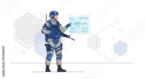 Futuristic soldier inspecting weapon designs on holographic interface in digital world