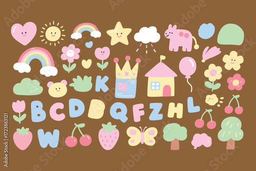 Cute pastel alphabet and icons for kids and childrens designs