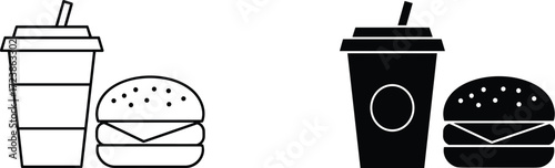 Black and white burger with drink cup vector icon, fast food meal illustration, restaurant symbol, simple outline and silhouette design