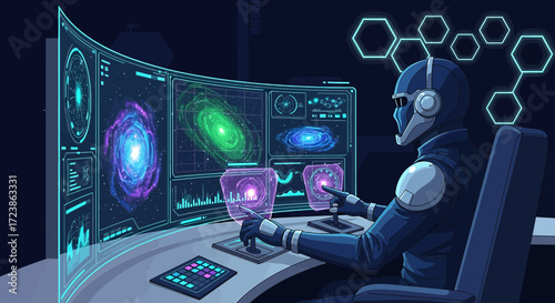 Futuristic spaceman monitors cosmic data on advanced screen interface technology