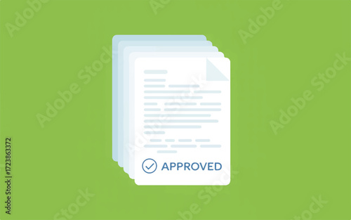 Stack of Documents with Approved Stamp and Checkmark on Green Background Keywords: document, paper, approval, approved, stamp, checkmark, tick, confirmation, agreement